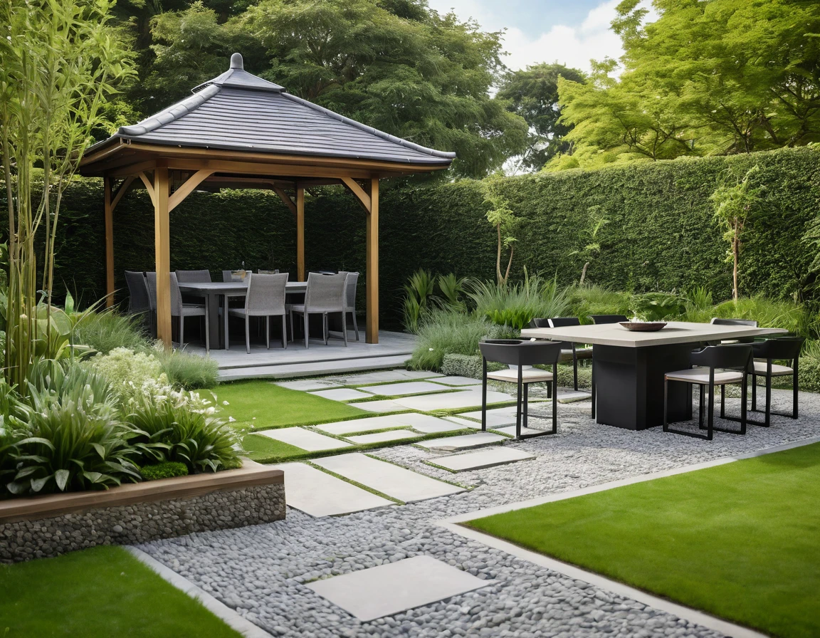 A close-up view of a beautifully designed modern European garden with a touch of Asian influence, focusing on a sleek gazebo with a contemporary roof design. Shot with a high-quality DSLR camera, the smooth stone pathway winds through lush green lawns, leading to a spacious BBQ area equipped with a stylish grill and modern outdoor dining furniture. The gazebo is elegantly furnished with minimalist chairs and a table. The garden includes multiple grassy areas, small clear ponds, and Asian-inspired plants, adding tranquility to the setting. Soft, ambient lighting enhances the cozy atmosphere. Shallow depth of field, focused foreground, bokeh background. The scene is enhanced by a shallow depth of field, with the focus on the detailed table setting and a bokeh background, creating a serene and sophisticated ambiance. ((8k)), high quality detail, sophisticated and harmonious garden.