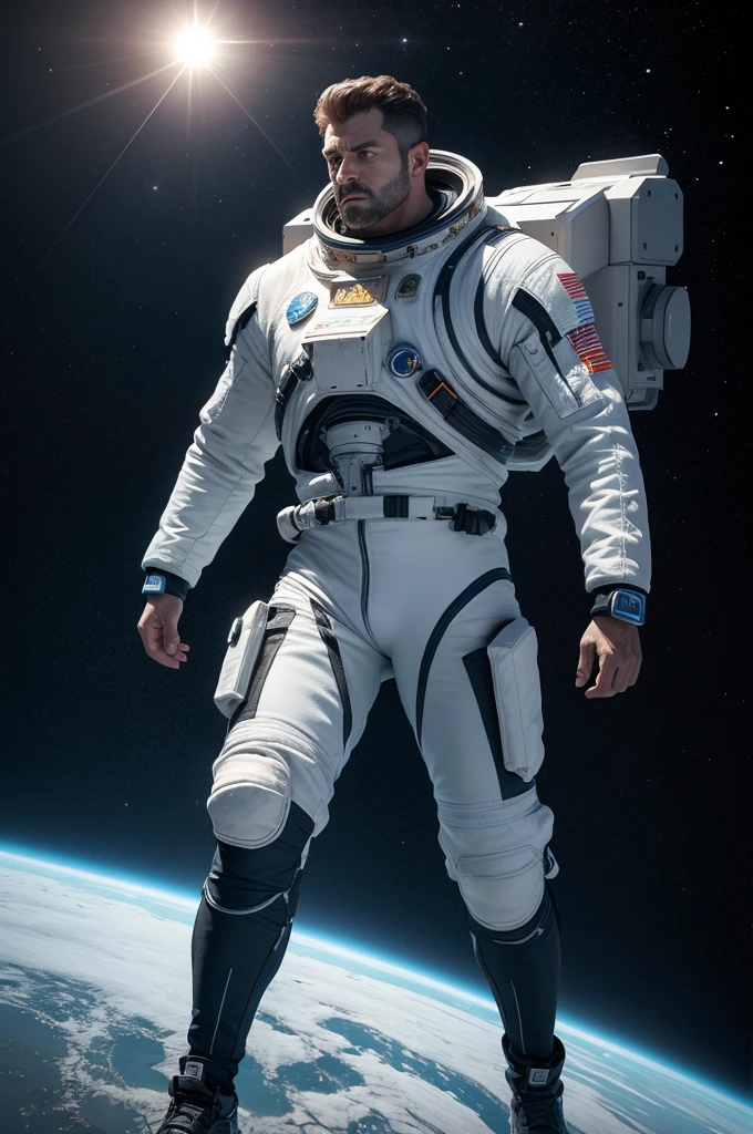 Create an ultra-realistic three-dimensional 3D image of space and a strong man in futuristic clothes and around the solar system