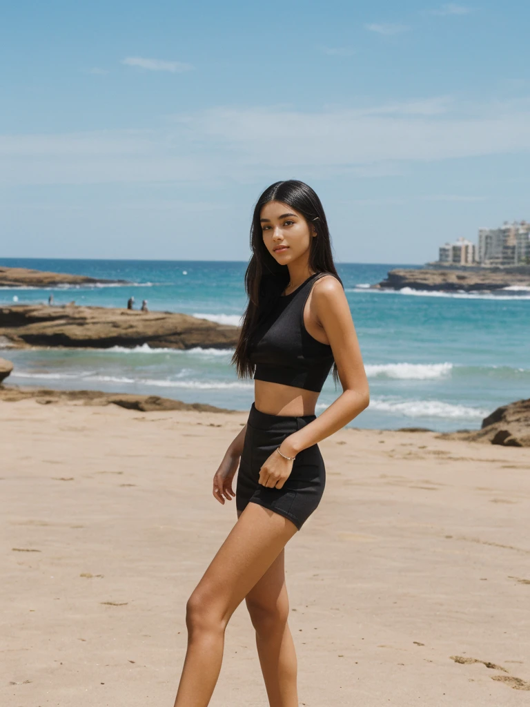 Madison Beer, her name is Jamila, high quality, 1girl, ((20-year-old fit black woman)), ((25 years old)), ((slim)), long hair, pose: standing, wearing stylish fashionable Generation-Z modern wear different colored, BACKGROUND: outside: At Bondi Beach, against a backdrop of vibrant beach art, and cafes buzz.