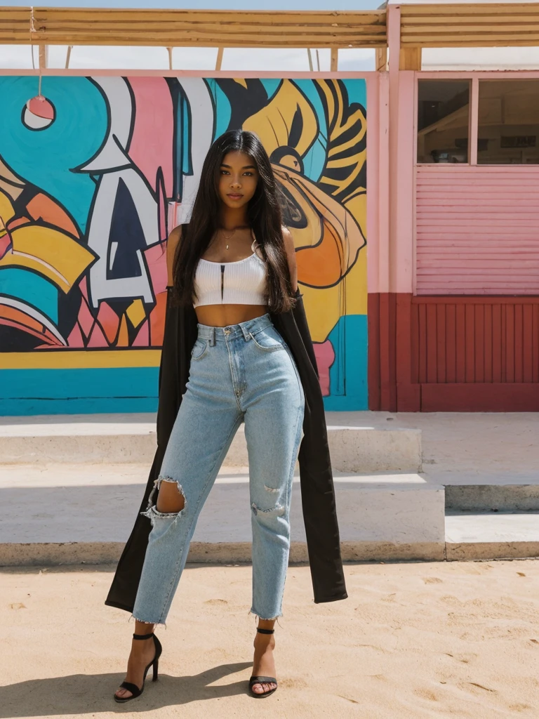 Madison Beer, her name is Jamila, high quality, 1girl, ((20-year-old fit black woman)), ((25 years old)), ((slim)), long hair, pose: standing, wearing stylish fashionable Generation-Z modern wear different colored, BACKGROUND: outside: At Bondi Beach, against a backdrop of vibrant beach art, and cafes buzz.