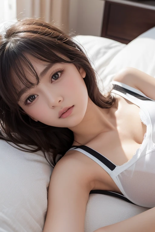 The best quality in the best condition, masterpiece, Ultra-high resolution, (Realistic:1.4), RAW Photos, One Girl,32k,White shirt,See-through,Bed、Lying on your back,Disheveled Hair