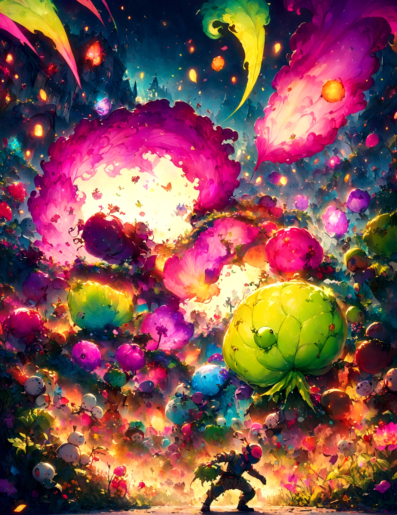 a cartoonish humanoid vegetable army emerging from a garden, battling shambling half-rotten human zombies in a moonlit backyard, highly detailed, vibrant colors, dynamic action, whimsical fantasy style