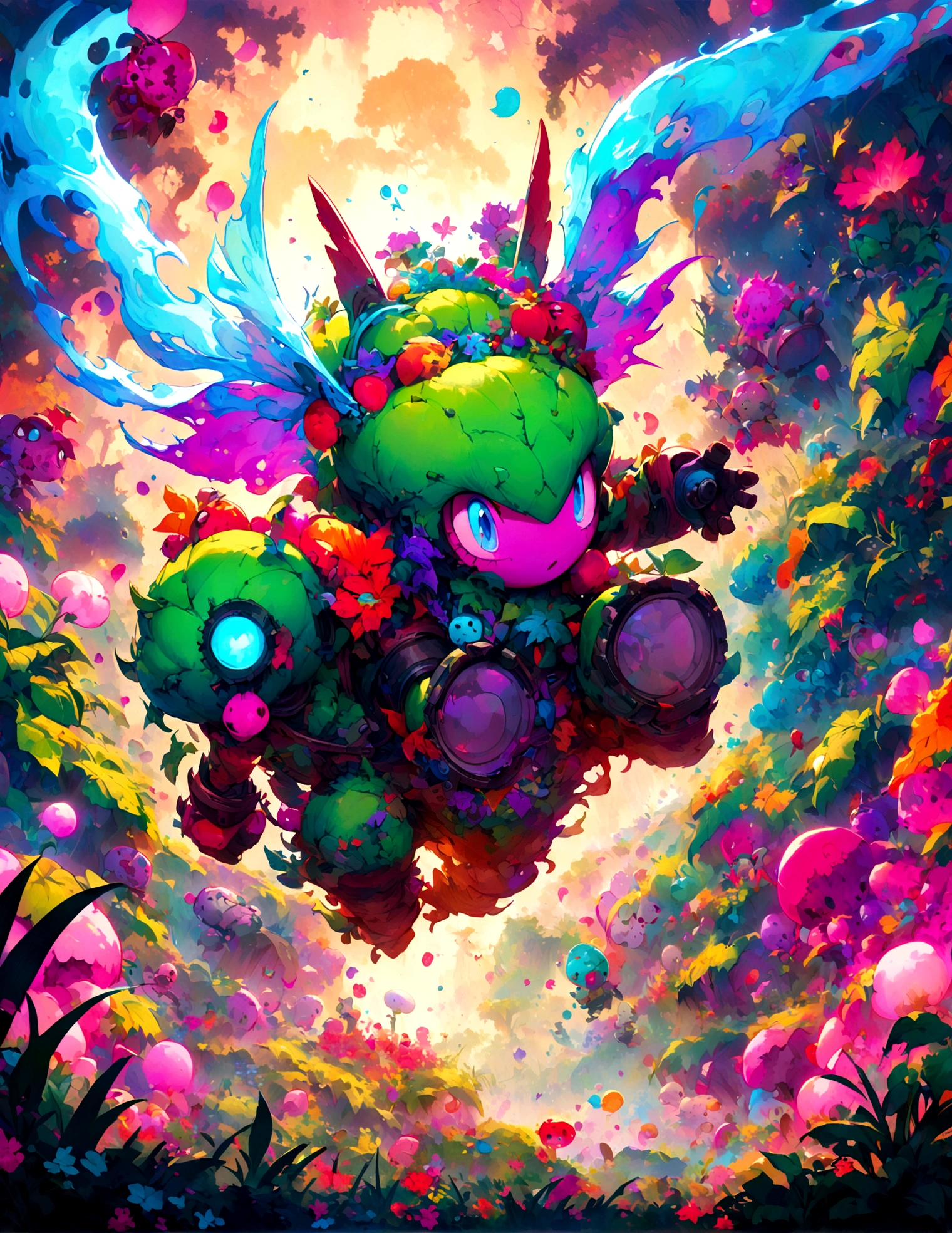 a cartoonish humanoid vegetable army emerging from a garden, battling shambling half-rotten human zombies in a moonlit backyard, highly detailed, vibrant colors, dynamic action, whimsical fantasy style