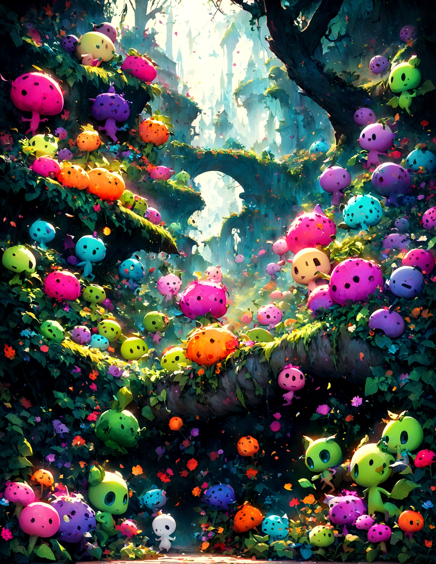 a cartoonish humanoid vegetable army emerging from a garden, battling shambling half-rotten human zombies in a moonlit backyard, highly detailed, vibrant colors, dynamic action, whimsical fantasy style