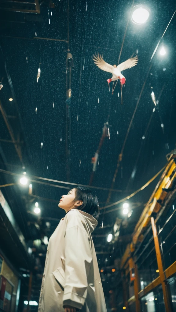 ((crane))、bird、Rainy Sky、1girl,from below