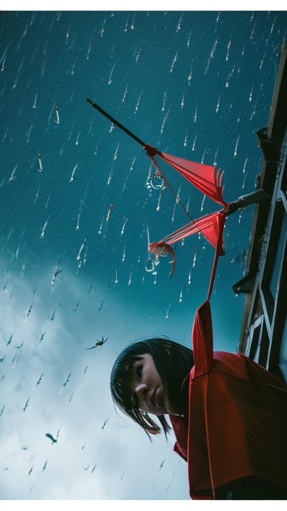 ((crane))、bird、Rainy Sky、1girl,from below