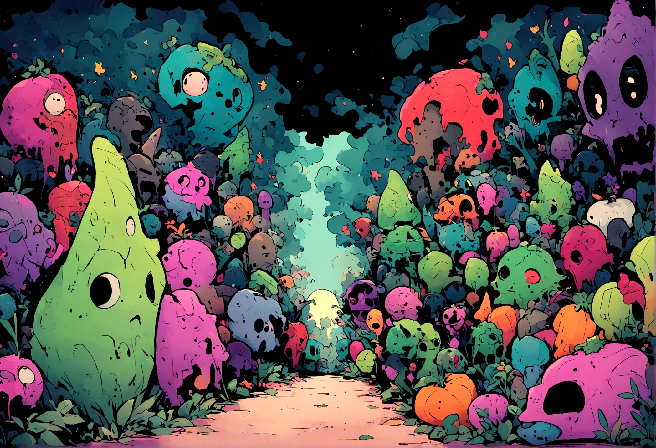 Cartoonish, (Humanoid vegetables) emerge from the garden to do battle with (shambling, half rotten human zombies), moonlit backyard
