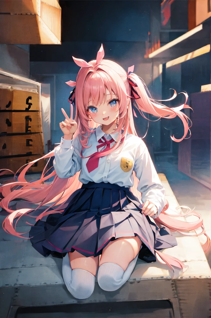 Female anime style, long pink hair, Glued short skirt,