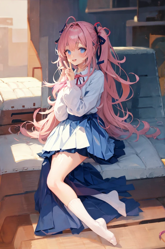 anime,kawaii,1 girl,beautiful hair,beautiful eyes,smile,peace sign,long hair,pink hair,blue eyes, Sparkling eyes,,white blouse ,ribbon tie,Pleated skirt,Knee-high socks,school,background school,
best quality,masterpiece,ultra detailed,intricate details