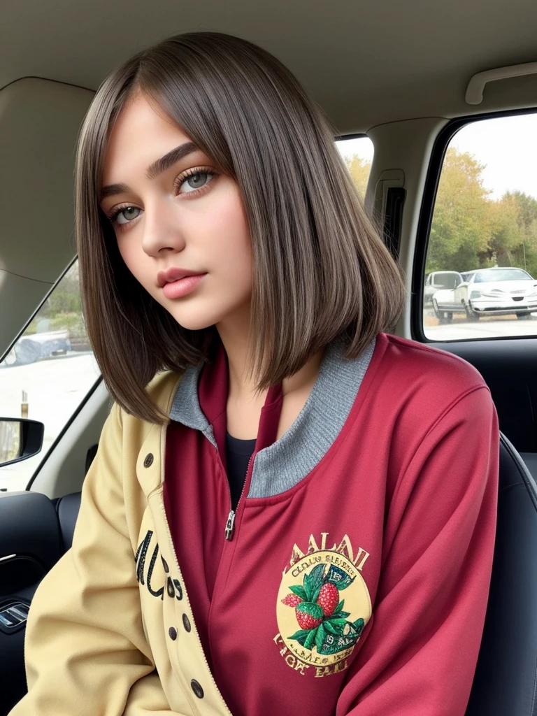Beautiful -yeld gi named Sofia, beautiful golden eyes, large detailed eyes, MID-HEIGHT bob long haircut, mermeland lips, sexy, detailed face, university jacket, in the background a strawberry, car, parking