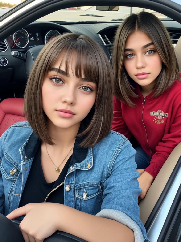 Beautiful 16-year-old girl, named Sofia, beautiful golden eyes, large detailed eyes, MID-HEIGHT bob long haircut, mermeland lips, sexy, detailed face, university jacket, in the background a strawberry, car, parking