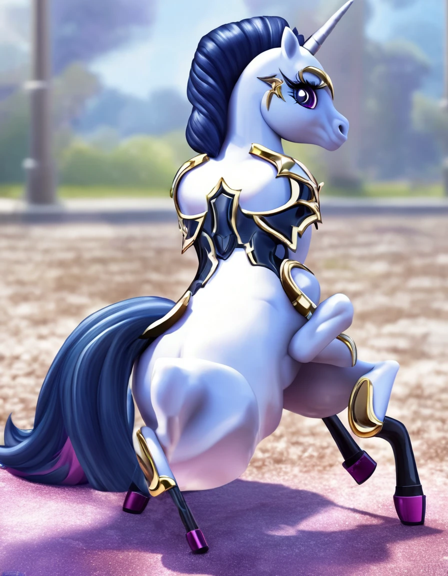 (((my little pony))), solo, ((seductive costume)), beautiful pony body, high detailed, 4K, ((seductive perky big butt)), behind view, (((shining armor))), ((4 legs))