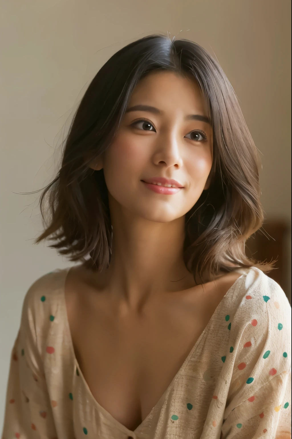 Japanese women、young、White polka dot dress、Black Hair