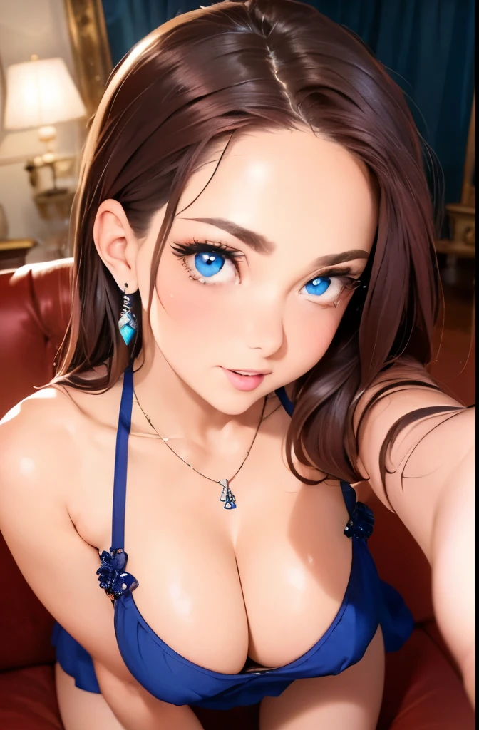 camera angle from underneath, thick hair, crystal blue eyes, open mouth, aroused 25 years old, playfully aroused, dripping with desire, cleavage, low cut tanktop , skirt, stretching, coy smile with open parted lips, (blushing:1.3), looking invitingly at the viewer, seductive eyes, facing the viewer, livingroom background, posing by the sofa, (pov), glowing eyes, necklace, earrings, nsfw,