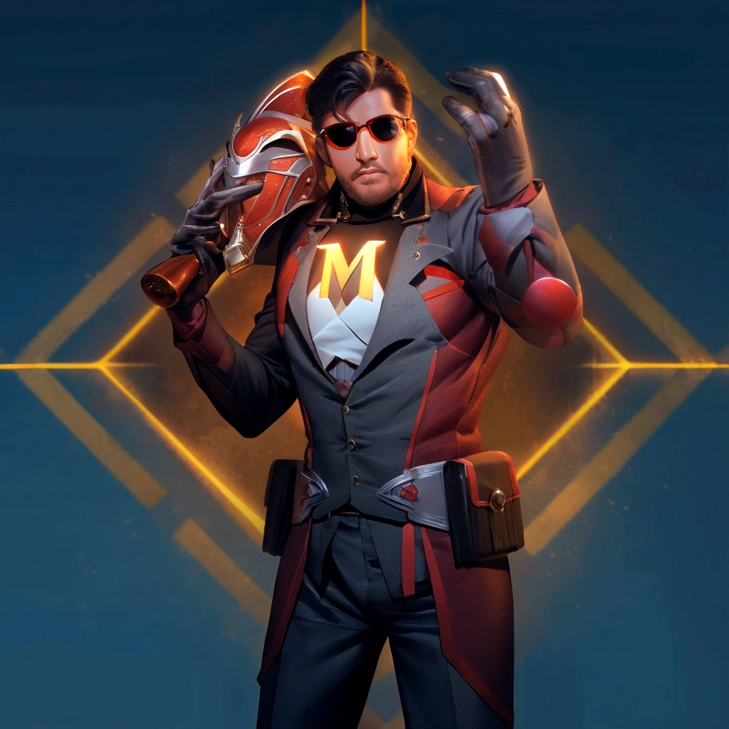 At the center of a vibrant piece of digital art, a male character stands confidently with his hands on his hips. He is adorned in an elegant gray and red suit equipped with a helmet and glasses and on his chest bears the letter M, suggesting that he might be prepared for an adventure or battle. His outfit is completed with a pair of sunglasses, adding to his cool demeanor. In his right hand he holds a gun, ready for action. The background contrasts strikingly with its blue and yellow geometric shapes, enhancing the overall futuristic theme of the image.