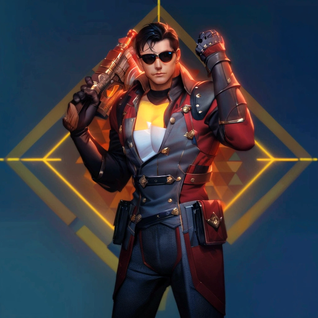 At the center of a vibrant piece of digital art, a male character stands confidently with his hands on his hips. He is adorned in an elegant gray and red suit equipped with a helmet and glasses and on his chest bears the letter M, suggesting that he might be prepared for an adventure or battle. His outfit is completed with a pair of sunglasses, adding to his cool demeanor. In his right hand he holds a gun, ready for action. The background contrasts strikingly with its blue and yellow geometric shapes, enhancing the overall futuristic theme of the image.