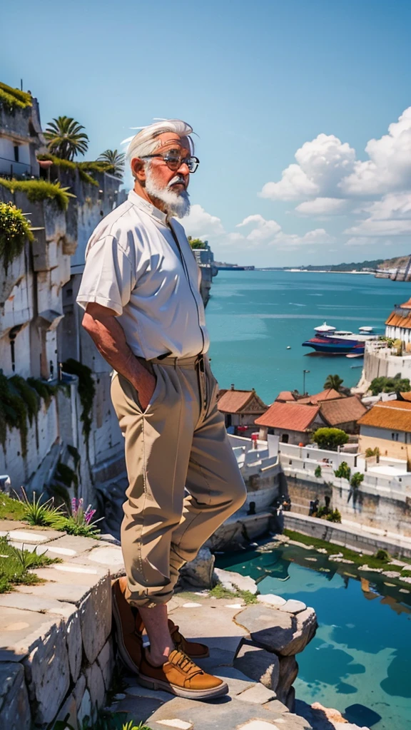 Create a high-quality anime-style image featuring an elderly man standing on a rocky cliff by the sea. The man has white hair, a beard, and is wearing round glasses. He is dressed in a white shirt, beige pants rolled up at the ankles, and white sneakers. His posture is relaxed, with his hands in his pockets, gazing thoughtfully into the distance.

The background consists of a clear blue sky filled with fluffy, white clouds. Below the cliff, there is a calm sea with boats and a small coastal village nestled at the foot of green, mountainous terrain. The scene captures a peaceful, reflective moment, with vibrant colors and detailed shading to emphasize the tranquil and contemplative atmosphere.