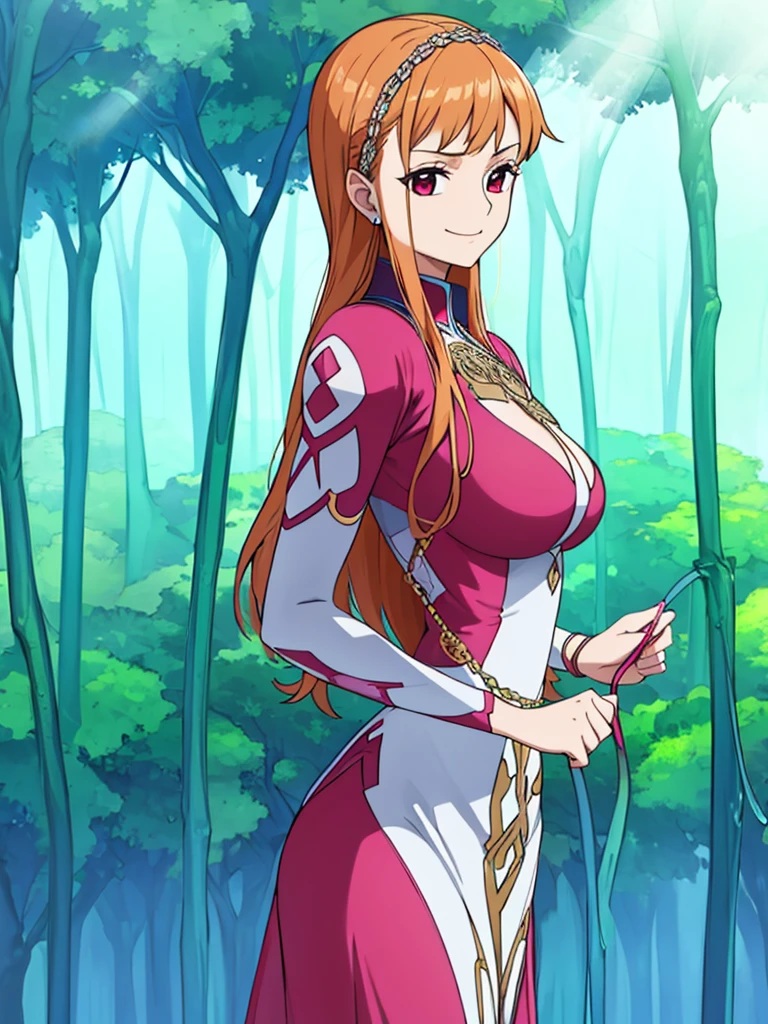 Best quality, 4k, high resolution, body stuck dress, perfect smile, gorgeous, light skin, (ichigo),ornage hair, wearing bodystuck long dress,(long sheeves), clothes are stuck in body, bodyfit outfit,1 girl, solo, seductive look, elegance and charm, (masterpiece, best quality, high resolution), looking at the viewer, standing, (intricate and beautiful:1.2), (detailed light:1.2), (soft light, side light), (high resolution textures) , holding leash in hand(chain leash), outdoor, Burmese girl,wearing bodcorn dress(white colour) with pink line ,wearing gorgeous jewelary, wearing harness over the outfit ,outdoor background, sun light, attractive, sexy, mature and hot, young,(masterpiece:1.3), (disorganized:1.3), (highest quality:1.3), perfect anatomy, detailed face, front view, perfect right hands, looking at viewer, (Super detailed:1.3), (best shadow:0.7), (treated hair), fine eyes, beautiful eyes, young aged woman, alone, standing, crystal earrings,closed_mouth, , outdoors,Thick thighs, arrogant face, small 