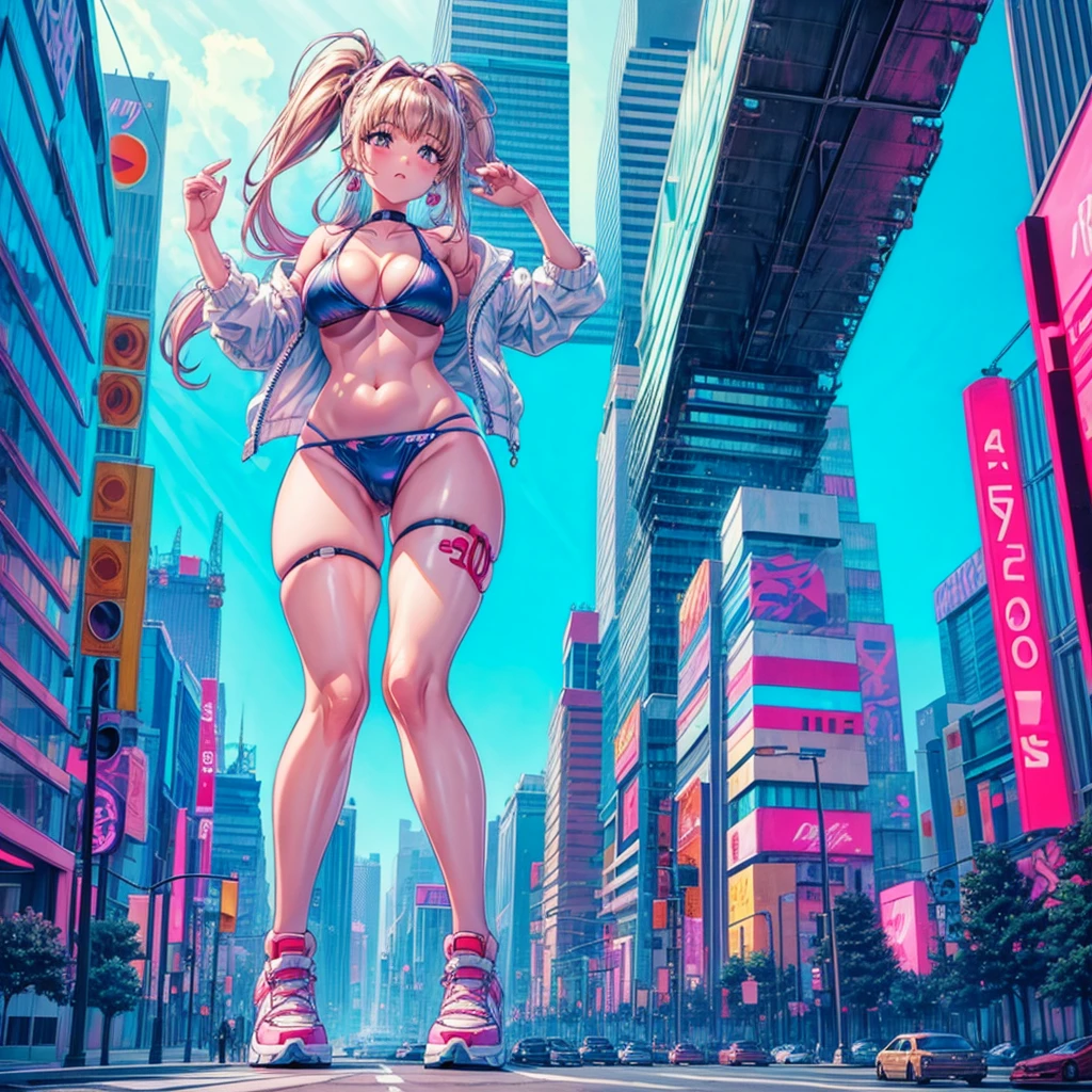 realistic　　90's　giant girl on the road of the big city girl in bikini swimsuit female giant
giant girl
Whole body sneakers　
Destroyed skyscrapers Destroyed cars Crowd Unreal Engine,cleavage ,a drawing of a , earrings, hair, 1980s (style)　masterpiece　Ultra-precision　Cute Girls　Tokyo Akihabara Electric Town　Neon Town
