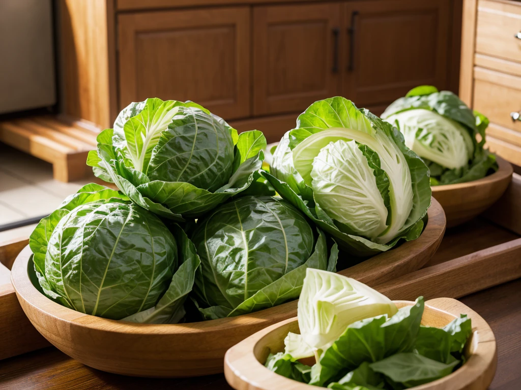 There are so many Korean Kimchi cabbages piled up. The background is the kitchen, but it is blurred because it is blurred.