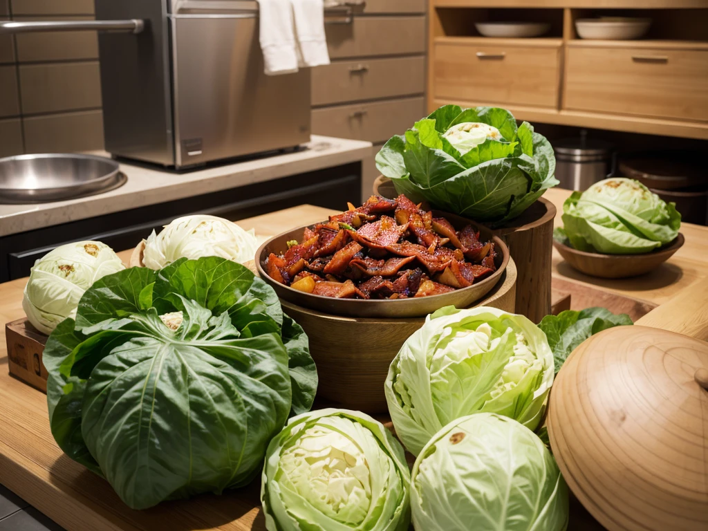 There are so many Korean Kimchi cabbages piled up. The background is the kitchen, but it is blurred because it is blurred.