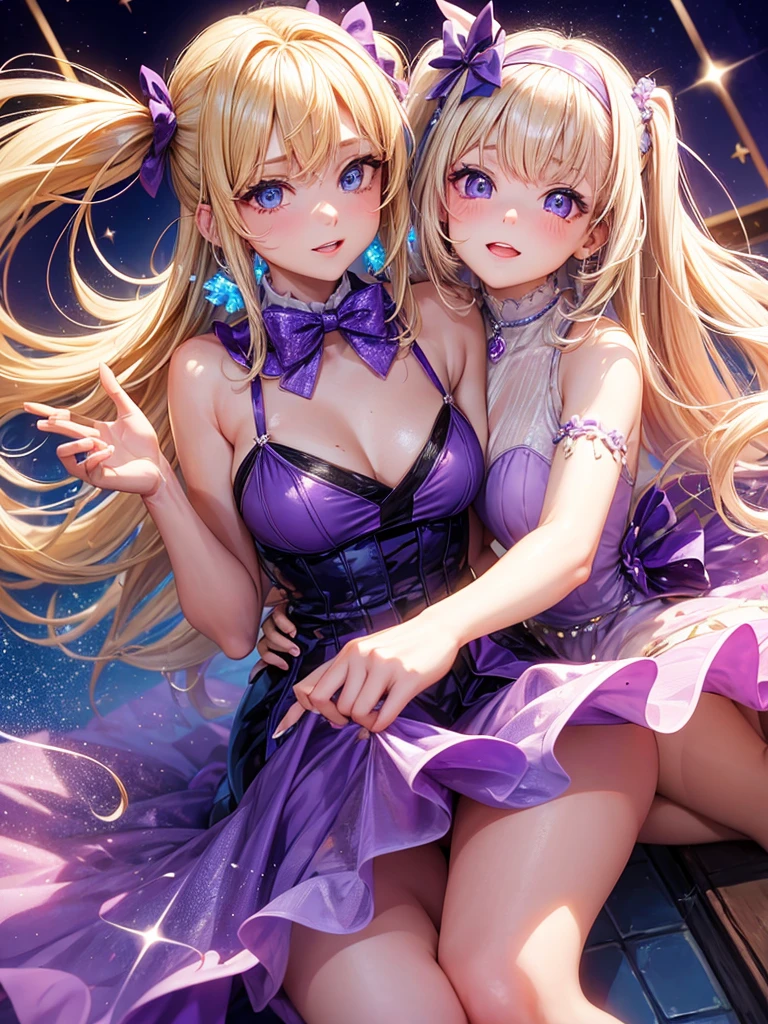 an adult woman, blonde with two pigtails with a purple bow each, purple dress with sparkles and diamonds, short and gala, with an opening in its pirrna, she has blue eyes, is at a late night dinner in a wealthy place