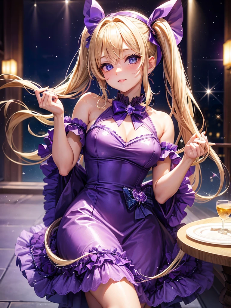 an adult woman, blonde with two pigtails with a purple bow each, purple dress with sparkles and diamonds, short and gala, with an opening in its pirrna, she has blue eyes, is at a late night dinner in a wealthy place