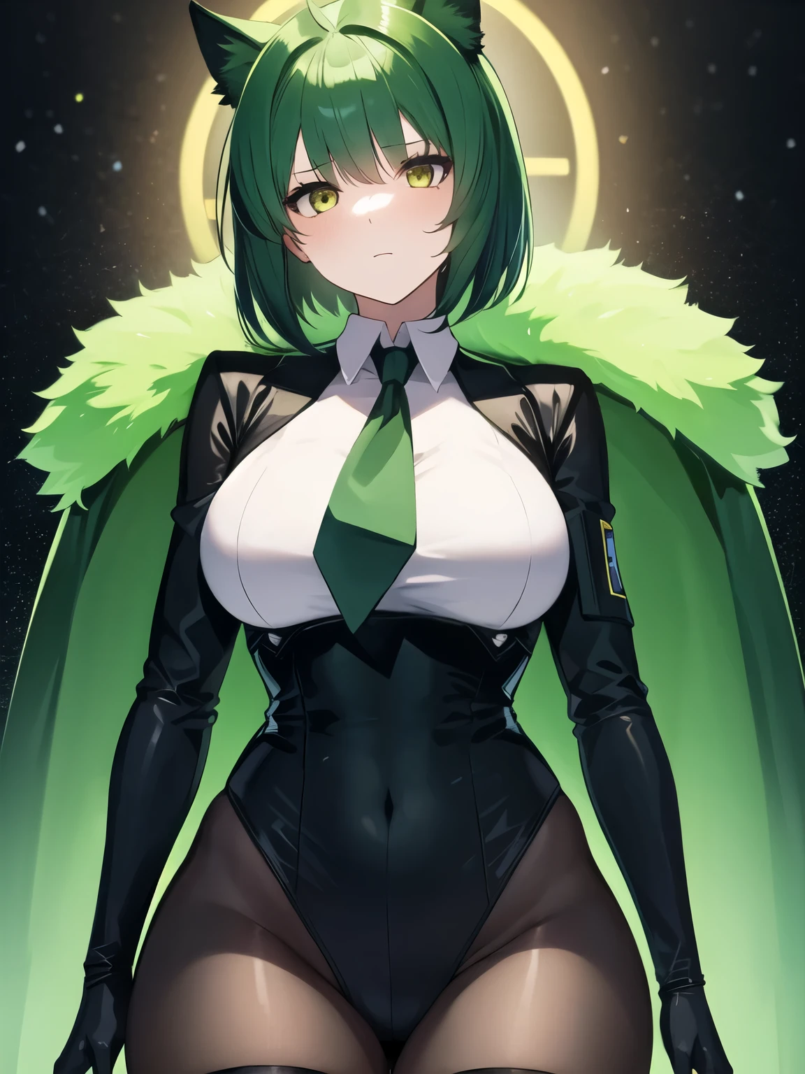 ((Best Quality)), ((Masterpiece)), (detailed),girl , short hair , high , Alone , elegant uniform , thigh high stockings , good body , light green fur , black gloves , green and yellow eyes , Long black cape