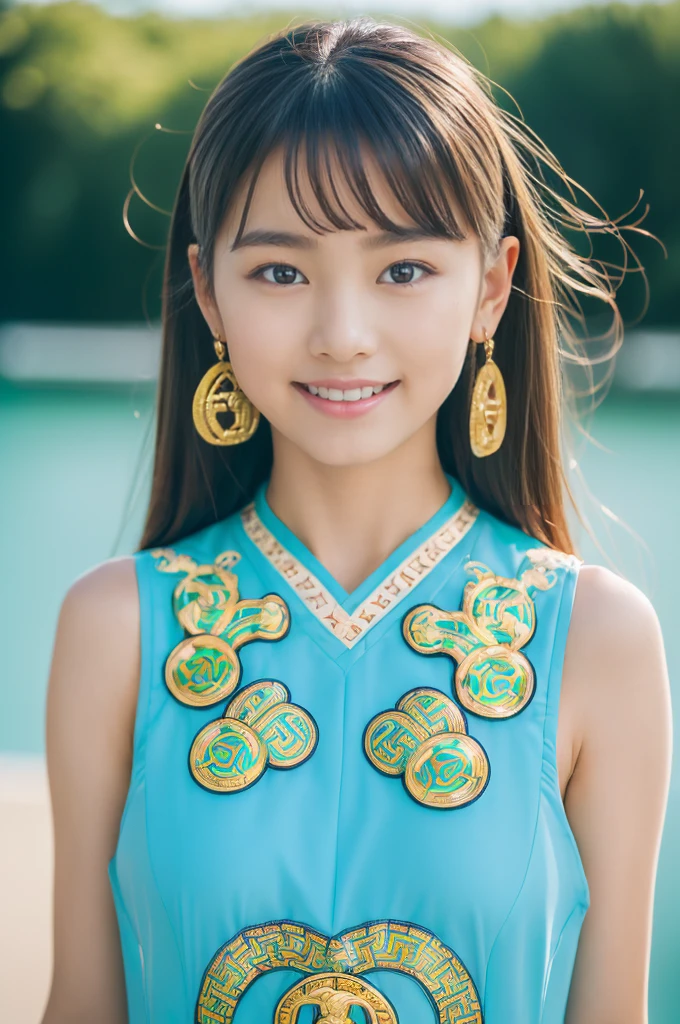 (masterpiece:1.3), (8K), (Highest quality:1.4), (Ultra-high resolution), (Realistic),( Raw photo), (One girl), (Ultra high definition), (Detailed face), Such a perfect, beautiful and cute face, (Detailed Hair), Beautiful Hair, bangs, (Symmetrical eyes:1.3), (Fine grain), (Detailed skin), Realistic Skin, Shiny skin, Ultra-high resolution, (Medium chest:0.7), (Slim figure), (supermodel figures), A kind smile:1.2, (A very beautiful and cute young Japanese girl with a gentle expression),
( Wearing a turquoise cutwork dress:1.5, Greco-Roman Pattern:1.3, Inspired by Versace:1.3 ),
Cute young Japanese girl, Cute young Japanese girl, whole body, About Okinawa's breakwater