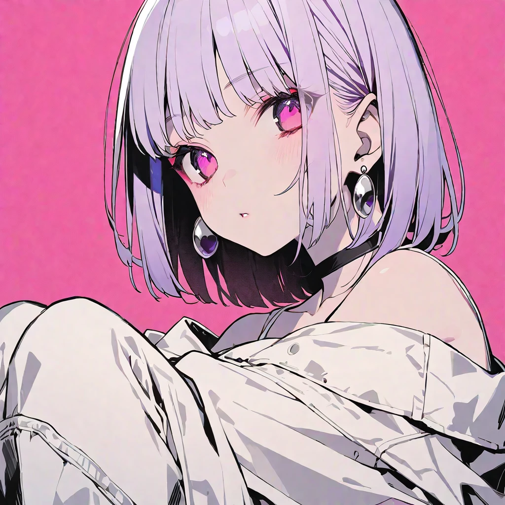 solo, handsome, monotone,
1. Female,
Hime cut,Straight Hair,Bob Hair,
purple hair,
Nakano Yotsuba,
pink Eyes,Soft look,beautiful,beautiful,Sexy,Darkness,Lots of silver earrings,choker,
White Off Shoulder,White Distressed jeans,パーカー ,skin,
pink background,