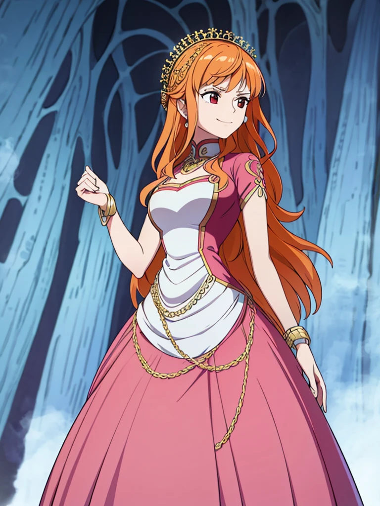 Best quality, 4k, high resolution, body stuck dress, perfect smile, gorgeous, light skin, (ichigo),orange hair, wearing bodystuck long dress,(long sheeves), clothes are stuck in body, bodyfit outfit,1 girl, solo, seductive look, elegance and charm, (masterpiece, best quality, high resolution), looking at the viewer, standing, (intricate and beautiful:1.2), (detailed light:1.2), (soft light, side light), (high resolution textures) , holding leash in hand(chain leash), outdoor, Burmese girl,wearing bodcorn dress(white colour) with pink line ,wearing gorgeous jewelary, wearing harness over the outfit ,outdoor background, sun light, attractive, sexy, mature and hot, young,(masterpiece:1.3), (disorganized:1.3), (highest quality:1.3), perfect anatomy, detailed face, front view, perfect right hands, looking at viewer, (Super detailed:1.3), (best shadow:0.7), (treated hair), fine eyes, beautiful eyes, young aged woman, alone, standing, crystal earrings,closed_mouth, , outdoors,Thick thighs, arrogant face, small 