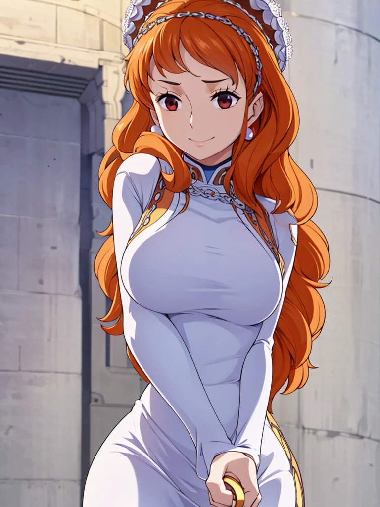 Best quality, 4k, high resolution, body stuck dress, perfect smile, gorgeous, light skin, (ichigo),orange hair, wearing bodystuck long dress,(long sheeves), clothes are stuck in body, bodyfit outfit,1 girl, solo, seductive look, elegance and charm, (masterpiece, best quality, high resolution), looking at the viewer, standing, (intricate and beautiful:1.2), (detailed light:1.2), (soft light, side light), (high resolution textures) , holding leash in hand(chain leash), outdoor, Burmese girl,wearing bodcorn dress(white colour) with pink line ,wearing gorgeous jewelary, wearing harness over the outfit ,outdoor background, sun light, attractive, sexy, mature and hot, young,(masterpiece:1.3), (disorganized:1.3), (highest quality:1.3), perfect anatomy, detailed face, front view, perfect right hands, looking at viewer, (Super detailed:1.3), (best shadow:0.7), (treated hair), fine eyes, beautiful eyes, young aged woman, alone, standing, crystal earrings,closed_mouth, , outdoors,Thick thighs, arrogant face, small