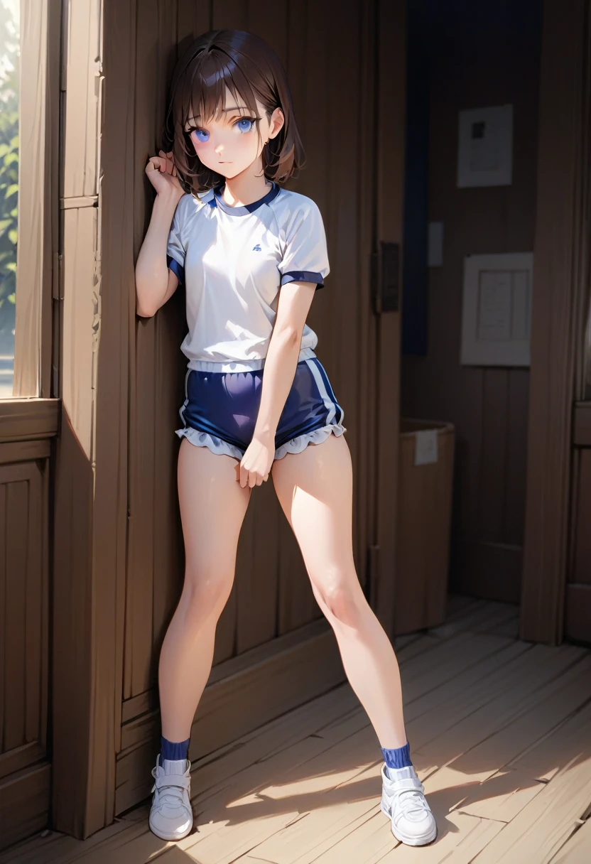 masterpiece, high quality, Small breasts, One Girl, Are standing, stop temporarily, stop temporarily, Gym suit, shorts, Bloomers, whole body, shirt,blue eyes, Realistic