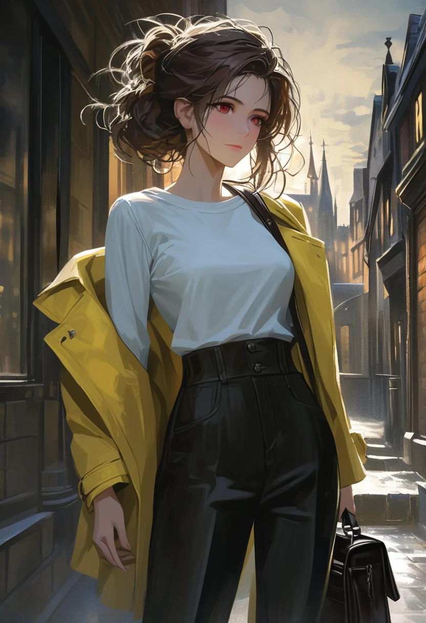 ((adult)), (woman), ((tall)), masterpiece, best quality, dark aura, brown hair, ((updo hair)), (messy hair) , ringed dark red eyes, plain white shirt, Yellow coat, black pants, carrying a big waist leather bag, (faint smile), realistic anime style, (oil painting), dark old manor background, night, impasto.