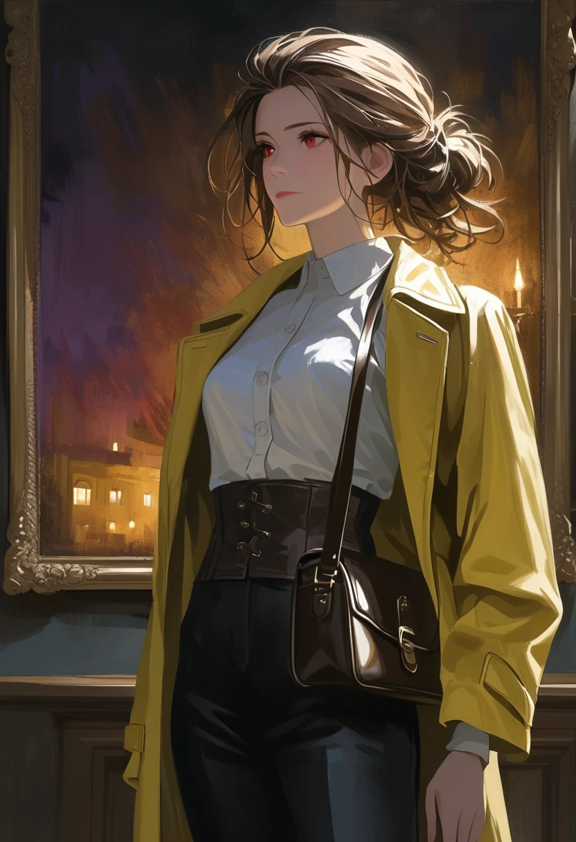 ((adult)), (woman), ((tall)), masterpiece, best quality, dark aura, brown hair, ((updo hair)), (messy hair) , ringed dark red eyes, plain white shirt, Yellow coat, black pants, carrying a big waist leather bag, (faint smile), realistic anime style, (oil painting), dark old manor background, night, impasto.
