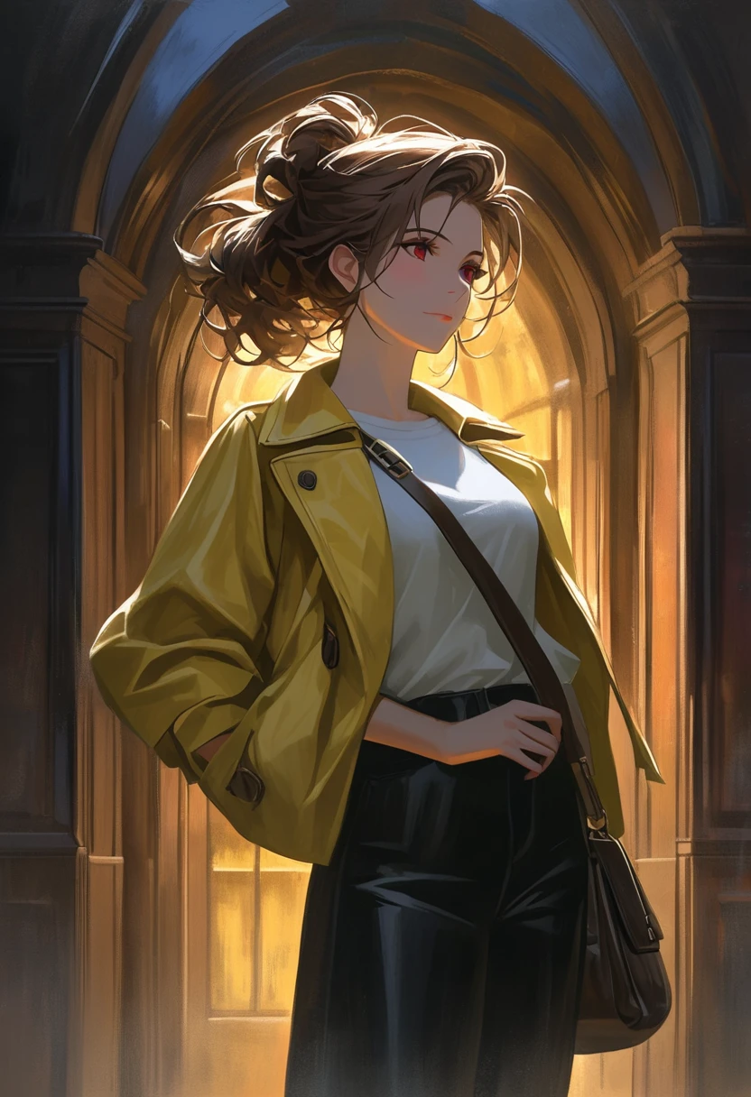 ((adult)), (woman), ((tall)), masterpiece, best quality, dark aura, brown hair, ((updo hair)), (messy hair) , ringed dark red eyes, plain white shirt, Yellow coat, black pants, carrying a big waist leather bag, (faint smile), realistic anime style, (oil painting), dark old manor background, night, impasto.
