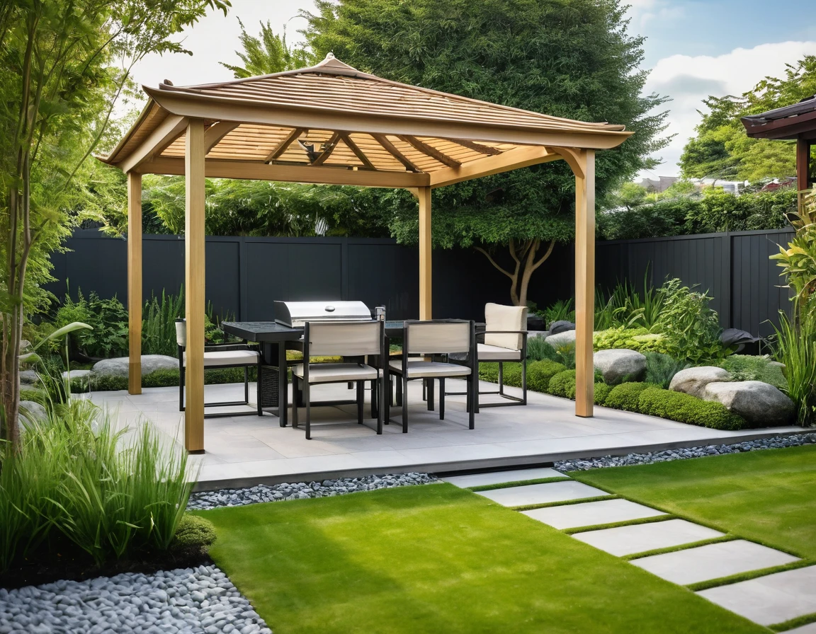 A stunning modern European garden with subtle Asian elements, featuring a sleek gazebo with a contemporary roof design. Shot with a high-quality DSLR camera, the garden is adorned with lush green lawns and a smooth stone pathway that winds through the space, leading to a spacious BBQ area equipped with a stylish grill and modern outdoor dining furniture. The gazebo is elegantly furnished with minimalist chairs and a table, perfect for relaxing in a serene environment. Surrounding the gazebo are multiple grassy areas, small, clear ponds, and Asian-inspired plants, adding tranquility to the modern setting. Soft, ambient lighting enhances the cozy atmosphere. Shallow depth of field, focused foreground, bokeh background. ((8k)), high quality detail, harmonious and inviting garden, modern elegance with Asian accents.
