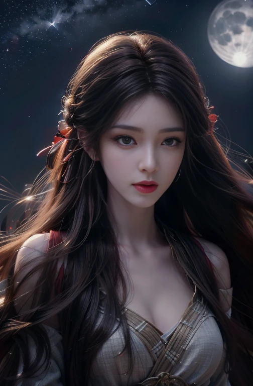 (girl,Night view,Starry Sky,Close-up shot),(illustration,),(beautiful,Long hair),(Shining Star,moonlight),(best quality,Ultra-fine details),(Romantic,rich and colorful),(Soft Light,Soft shine),(No revealing clothing),Off-shoulder,Symmetrical and charming eyes