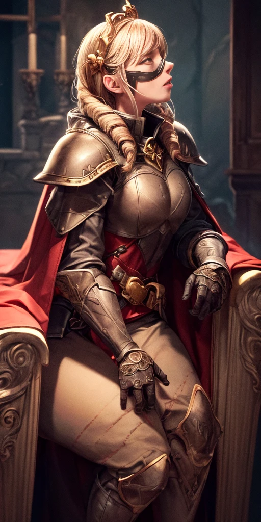 (masterpiece, best quality, absurdness, 4k, aesthetic, detailed, intricate, perfect lighting) cinematic angle, 1sologirl, sitting on throne, elbow rest, castle interior, mask, hood, cape, belt, armor, cloak, red gloves gauntlets, bkcrown