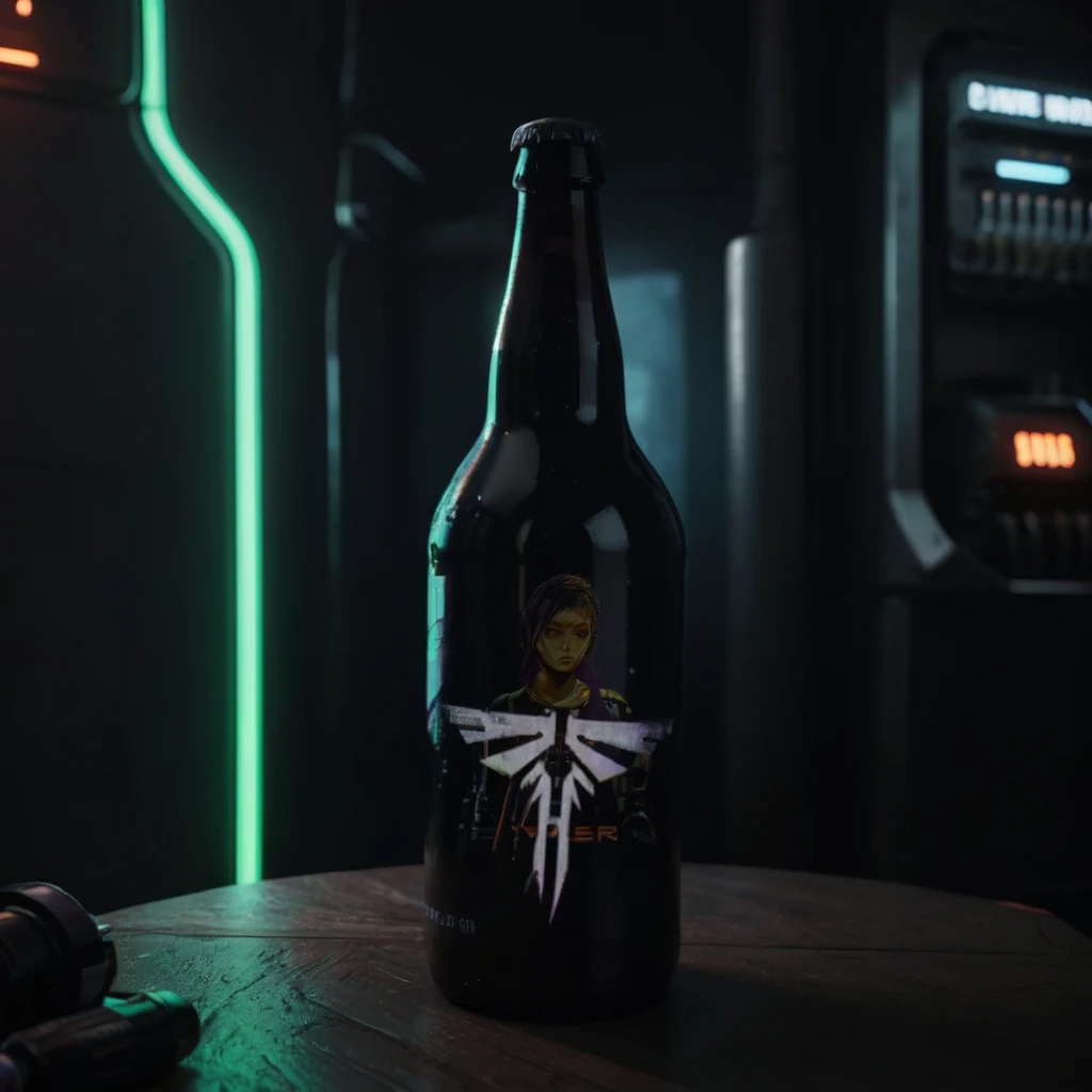 One bottle in the picture.A bottle of cyber beer presented in cyberpunk style, with characteristic elements: smooth, matte coating, decorated with bright neon luminous inserts. Design includes digital pixel patterns and abstract graphic elements, creating the effect of digital disruption and the future of the technological world. The main color of the bottle is deep purple, red, orange or green. This combination gives the product a unique cyberpunk style and modern look..
