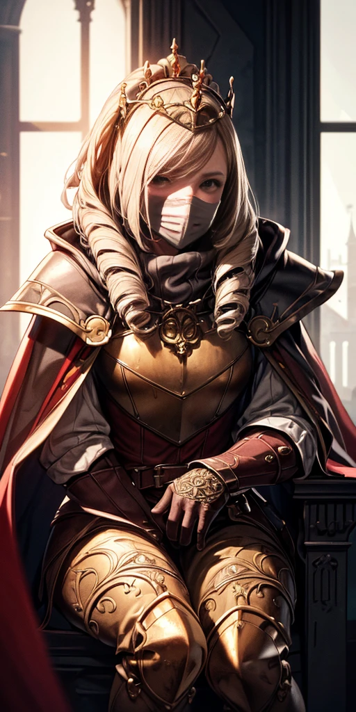 (masterpiece, best quality, absurdness, 4k, aesthetic, detailed, intricate, perfect lighting) cinematic angle, 1sologirl, sitting on throne, elbow rest, castle interior, mask, hood, cape, belt, armor, cloak, red gloves gauntlets, bkcrown