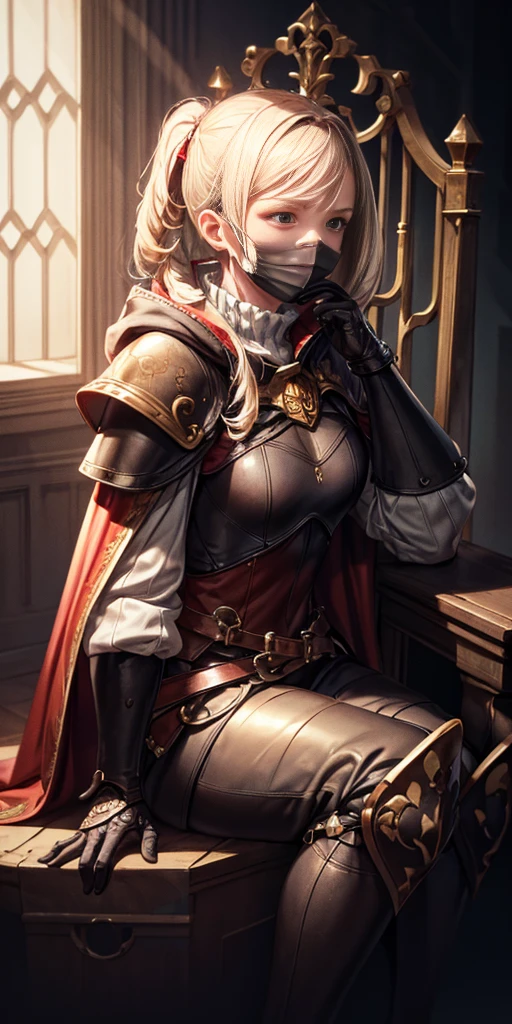 (masterpiece, best quality, absurdness, 4k, aesthetic, detailed, intricate, perfect lighting) cinematic angle, 1sologirl, sitting on throne, elbow rest, castle interior, mask, hood, cape, belt, armor, cloak, red gloves gauntlets, bkcrown
