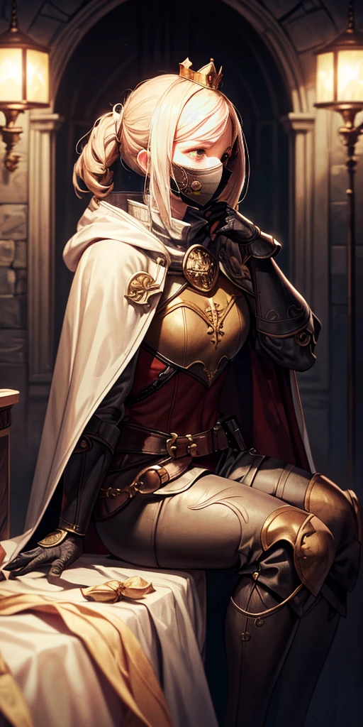 (masterpiece, best quality, absurdness, 4k, aesthetic, detailed, intricate, perfect lighting) cinematic angle, 1sologirl, sitting on throne, elbow rest, castle interior, mask, hood, cape, belt, armor, cloak, red gloves gauntlets, bkcrown