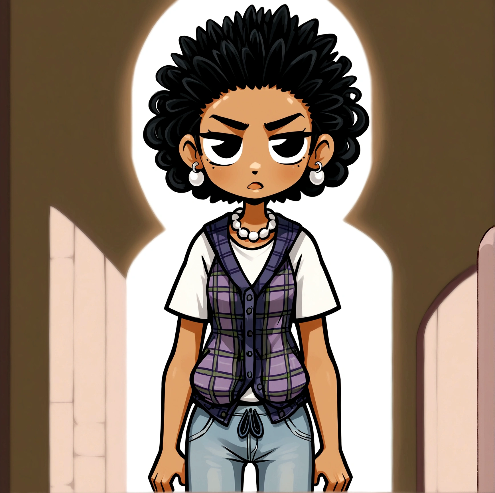 Create a cartoon-style image of a girl with curly black hair, wearing a plaid tank top over a white t-shirt, a pearl necklace, jeans, and earrings.