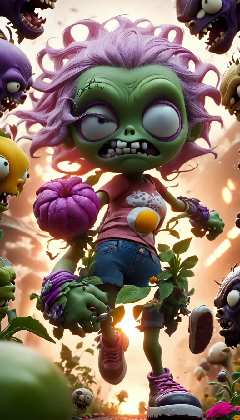 ((1girl, Plants vs Zombies:1.5)), photorealistic, 8k, high quality, digital art, fantasy, vibrant colors, lush garden, intricate details, dynamic composition, cinematic lighting, epic scale, advanced 3D rendering, volumetric fog, effects of particles, magical energy, vivid imagination