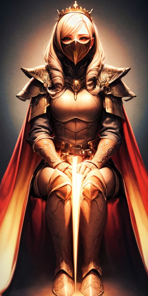 (masterpiece, best quality, absurdness, 4k, aesthetic, detailed, intricate, perfect lighting) cinematic angle, 1sologirl, sitting on throne, elbow rest, castle interior, mask, hood, cape, belt, armor, cloak, red gloves gauntlets, bkcrown