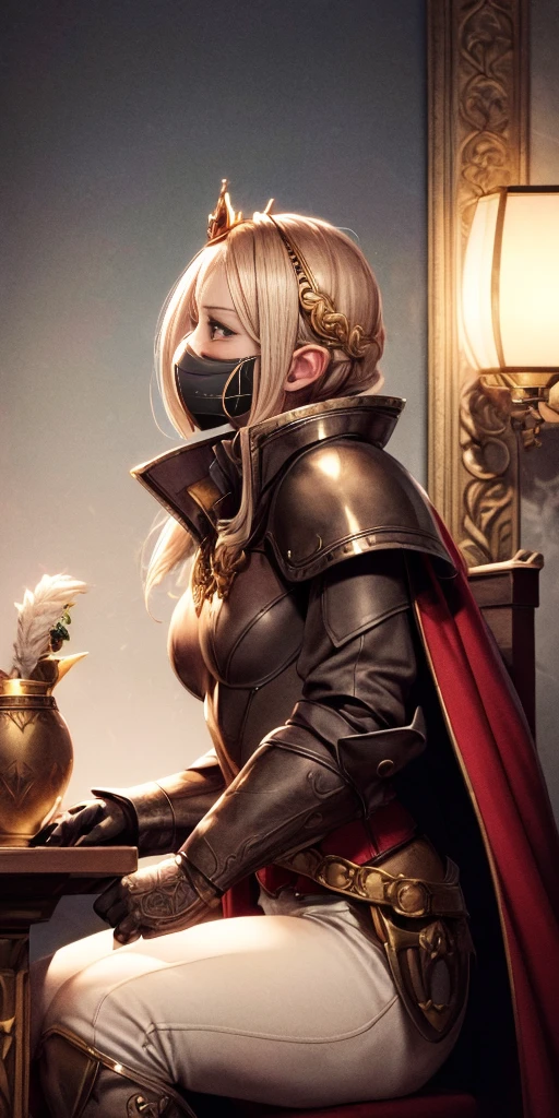 (masterpiece, best quality, absurdness, 4k, aesthetic, detailed, intricate, perfect lighting) cinematic angle, 1sologirl, sitting on throne, elbow rest, castle interior, mask, hood, cape, belt, armor, cloak, red gloves gauntlets, bkcrown