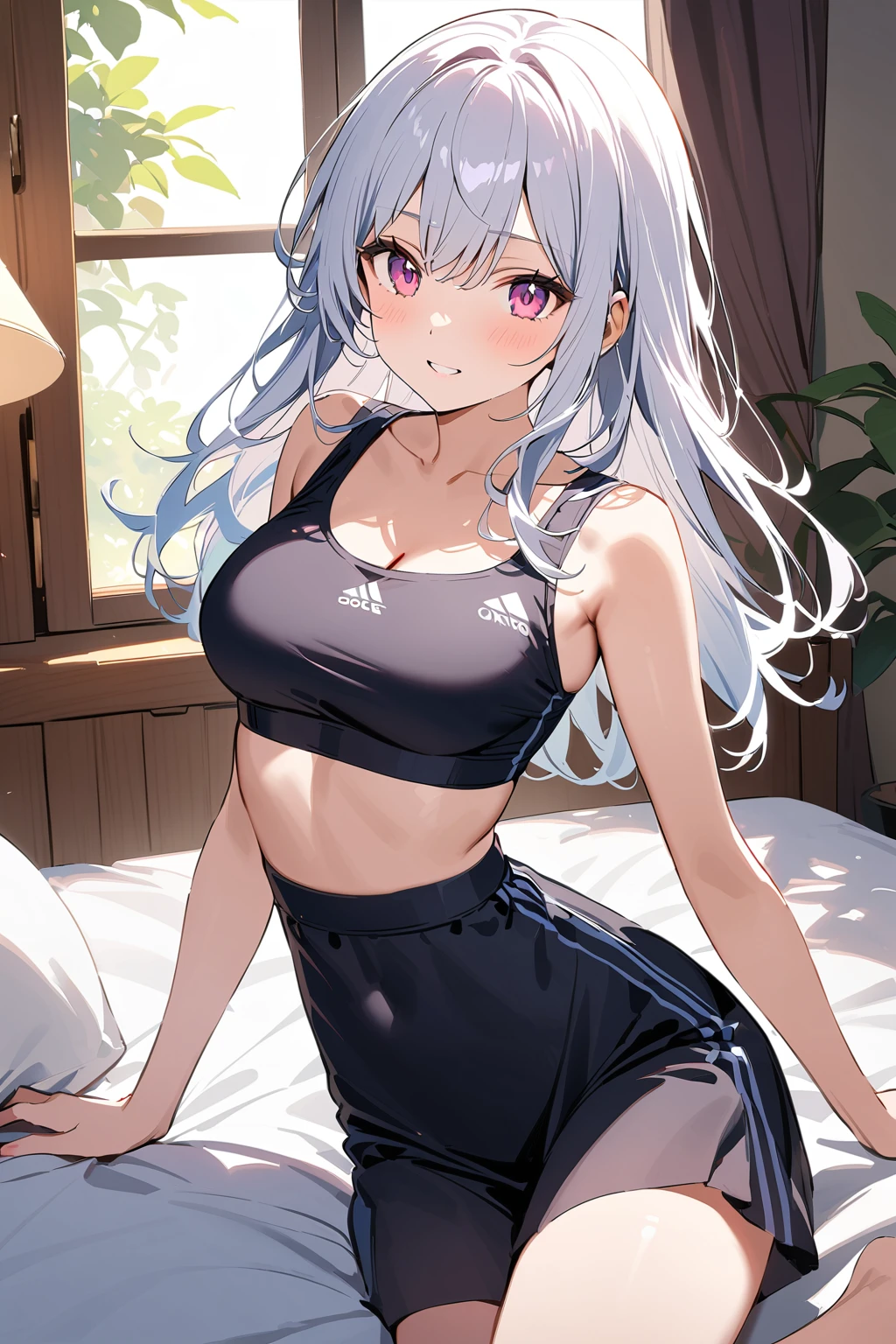 masterpiece, ultra-detailed hair, better lights, better shadows,1girl, yukino, breasts, skirt, silver hair, solo, long hair, large breasts, blue eyes, braid, ass, looking at viewer, braided ponytail, hair ornament, sleeveless, hair flower, black skirt, shirt, indoors, flower, looking back, bangs, bare shoulders, pencil skirt, from behind, window, thighs, mole under eye, sleeveless shirt, mole, white shirt, blush, bare arms, office lady, very long hair, plant, contemporary, parted lips, miniskirt, single braid, closed mouth, purple flower, pantylines, ribbed shirt,