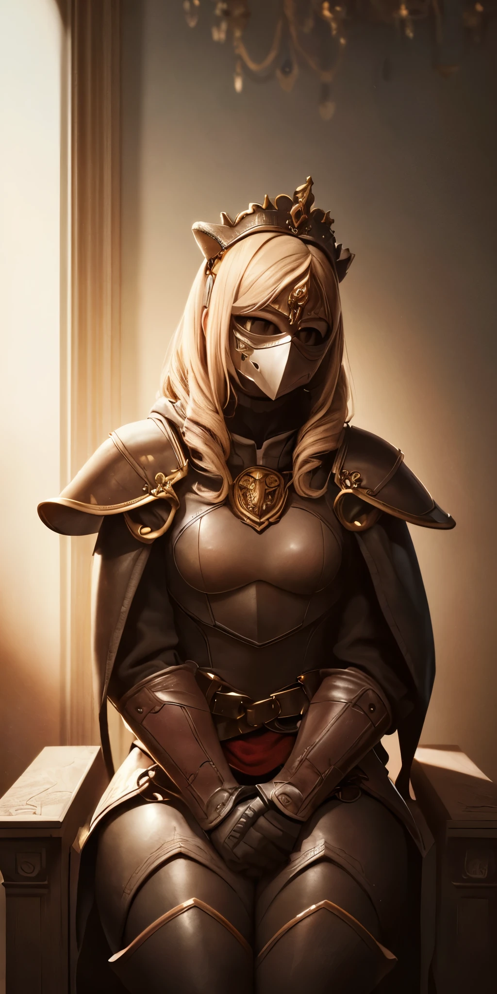 (masterpiece, best quality, absurdness, 4k, aesthetic, detailed, intricate, perfect lighting) cinematic angle, 1sologirl, sitting on throne, elbow rest, castle interior, mask, hood, cape, belt, armor, cloak, red gloves gauntlets, bkcrown