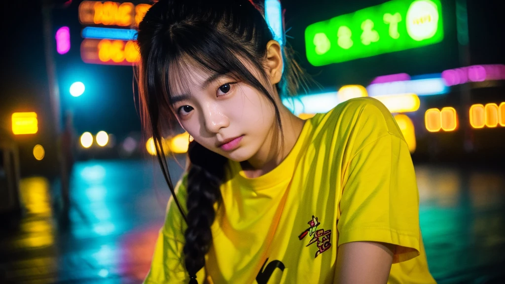 An 18 year old Korean female teenager, her skin is very white and clean, wearing a yellow shirt, biting her lip seductively, and is in the year 2330 in a cyberpunk setting with glowing neon lights. The lens used is 35mm f/2.8.